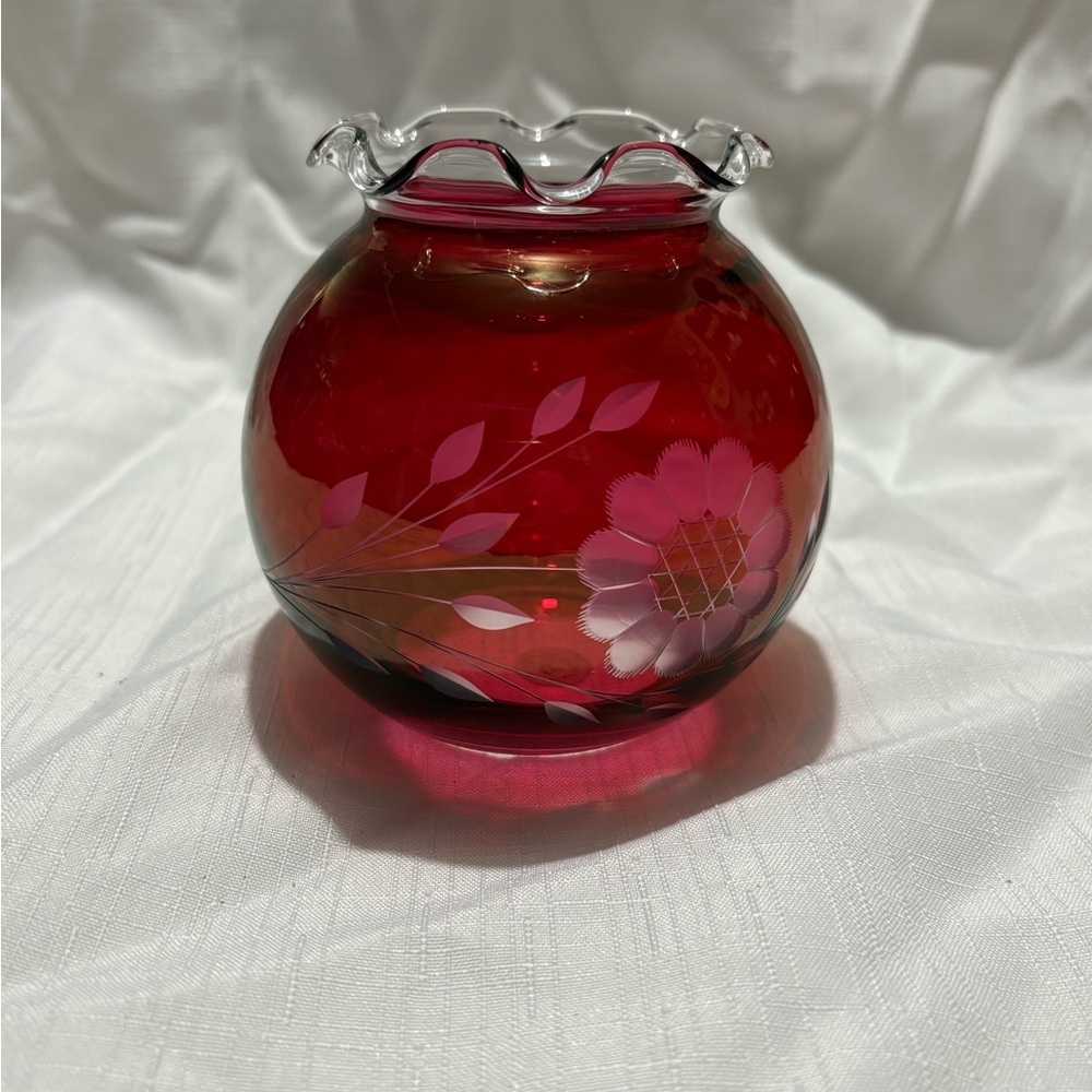 Vintage Red Glass Vase with Floral Design